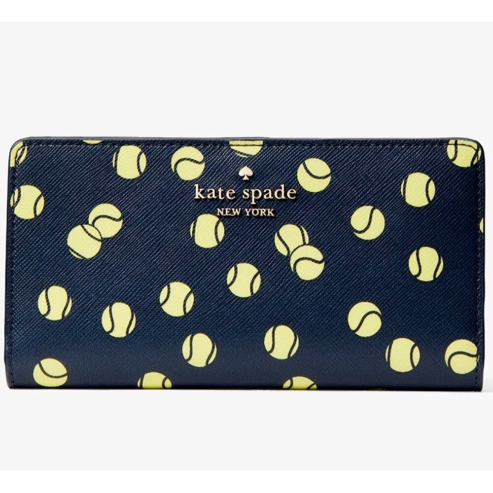 Kate Spade Staci Large Slim Bifold Navy Blue Tennis Toss Tennis Balls Wallet🎾